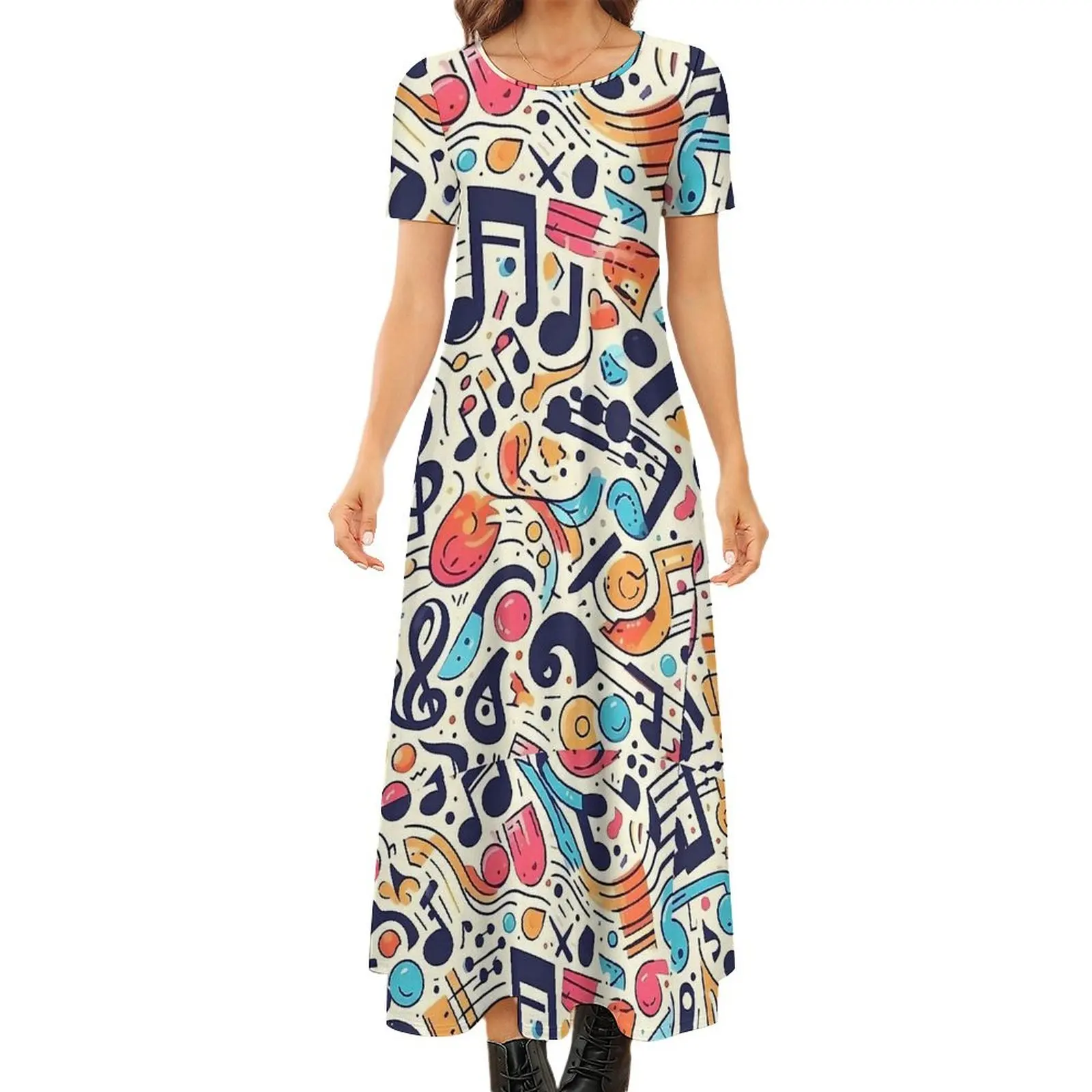 Music Note Colour Style Dress  Cute Maxi Dress Womens Short Sleeve Aesthetic Boho Beach Long Dresses 5XL 6XL 7XL