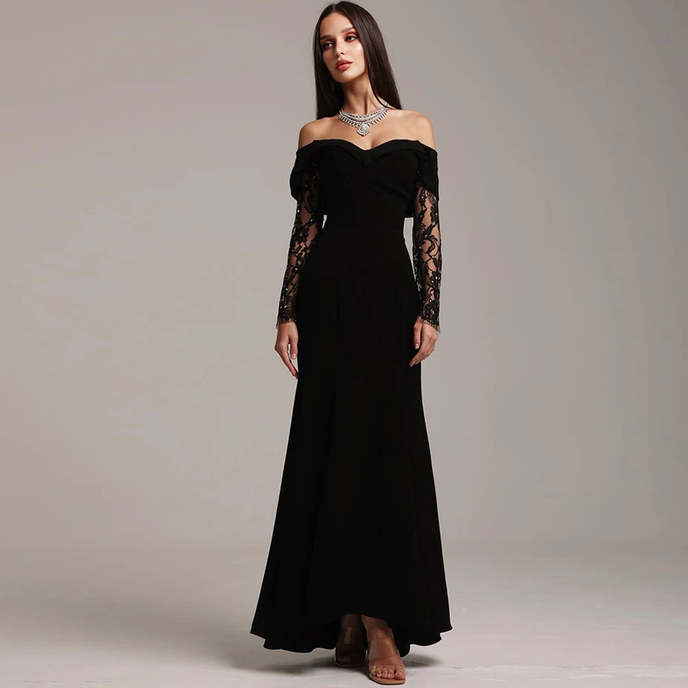 

Classic Black Jersey Long Sleeves Evening Dress Delicate Lace Homecoming Dresses Temperament Mermaid Customized Celebrity Gowns