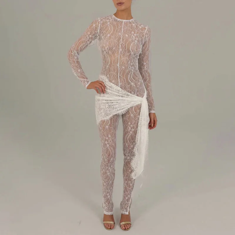 2025年夏新作セクシーファッション透かしレースシースルー長袖パッチワークスリムフィットジャンプスーツ（レディース）