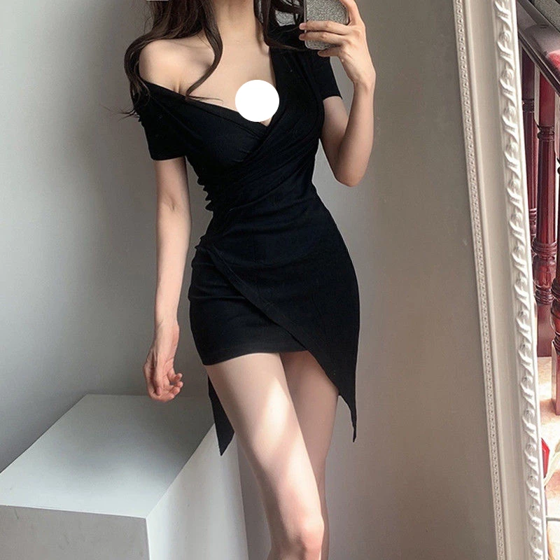 

Sexy V-neck Dress Women Summer Irregular Design Korean Temperament Short Sleeve Stylish Solid Simple Hot Sale Vestidos Ulzzang