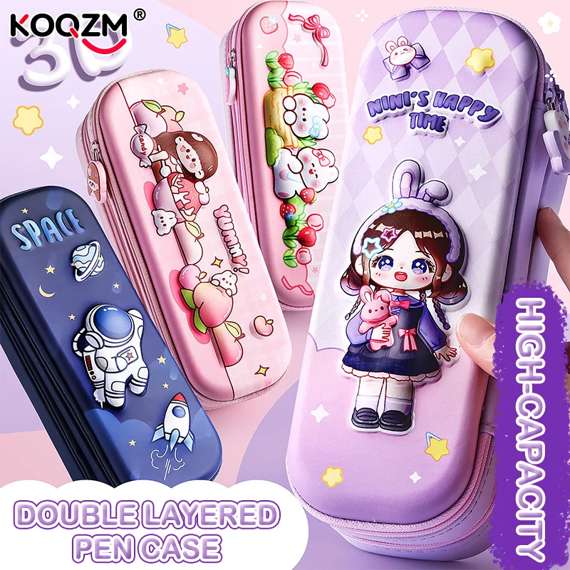 3D Astronaut Pencil Case Boys Stationery New Popular Student Double-layer Large Capacity Waterproof Pink Rabbit