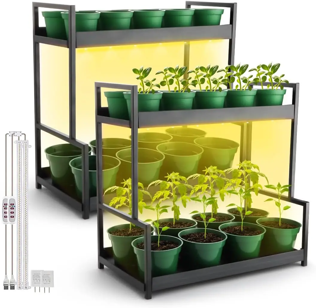

2-Pack Dual Tier Plant Stand with LED Grow Light and Pots for Indoor Gardening, Herbs, Succulents