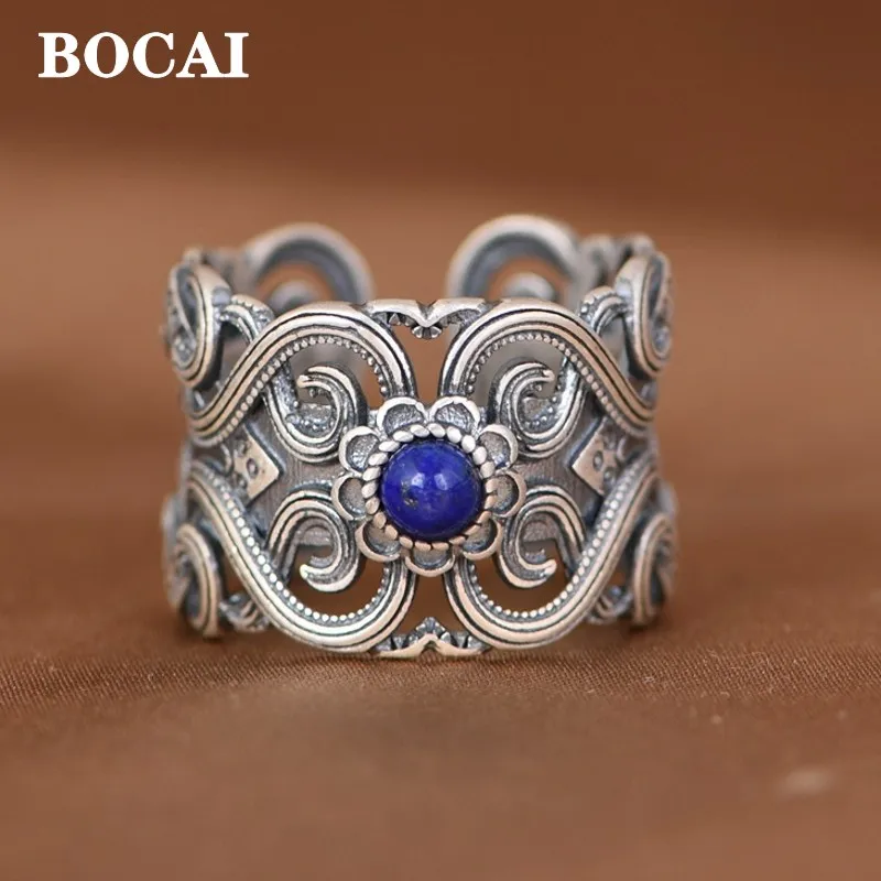 BOCAI New 100% S925 Silver Ring for Women Vintage Simple Tang Grass Pattern Wide Plate Inlaid with Lapis lazuli Fashion Jewelry