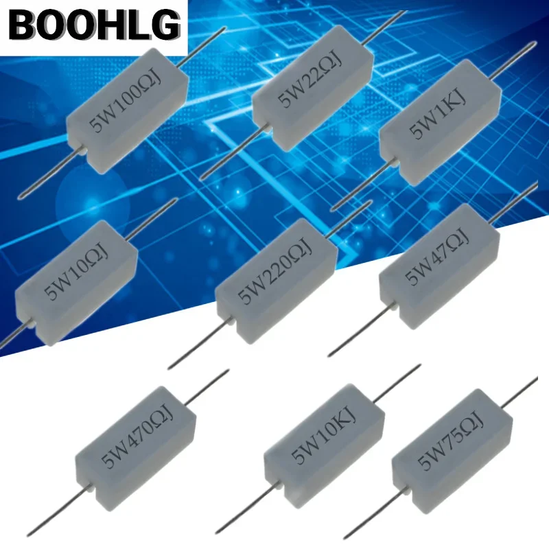 Resistência do poder do resistor do cimento, 5W, 5%, 0.1 -10K, 0.01R, 0.1R, 1R, 10R, 100R, 0,22, 0,33, 0,5, 1, 2, 8, 10, 15, 100, 1K, ohm 10K, BPR56, 10 PCes