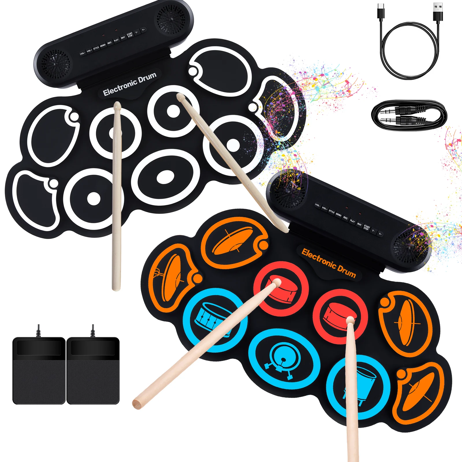 

Electronic Drum Set, 9-Pads Roll-Up Electric Drum Pad Kit with Headphone Jack 10Hrs Playtime Built-in Speaker with Drumsticks