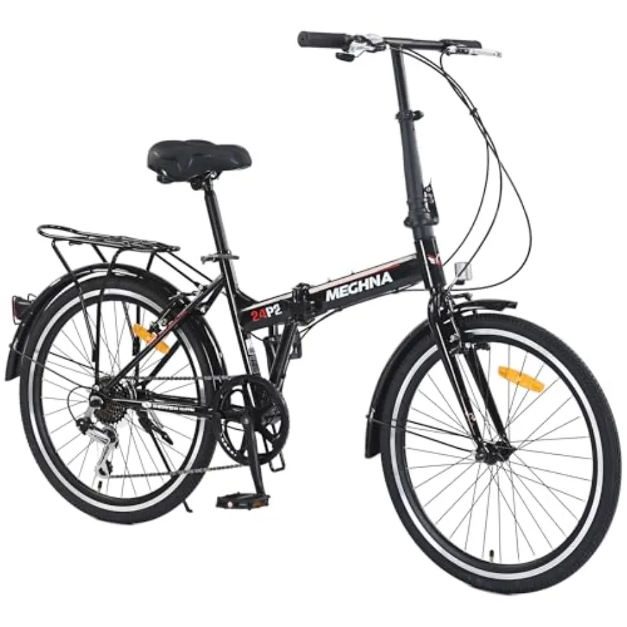 

24 Inch Foldable City Bike with 7 Speed Transmission and Double V-Brakes High Carbon Steel Frame Black Compact Design for Commu