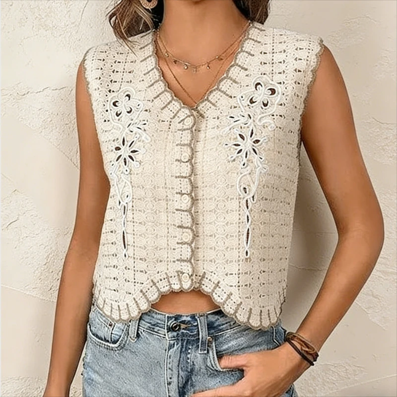 Women's Crochet Knit Vest Waistcoat Floral Embroidered Button Down Sleeveless Blouse Tops Summer Boho Vintage Cottagecore