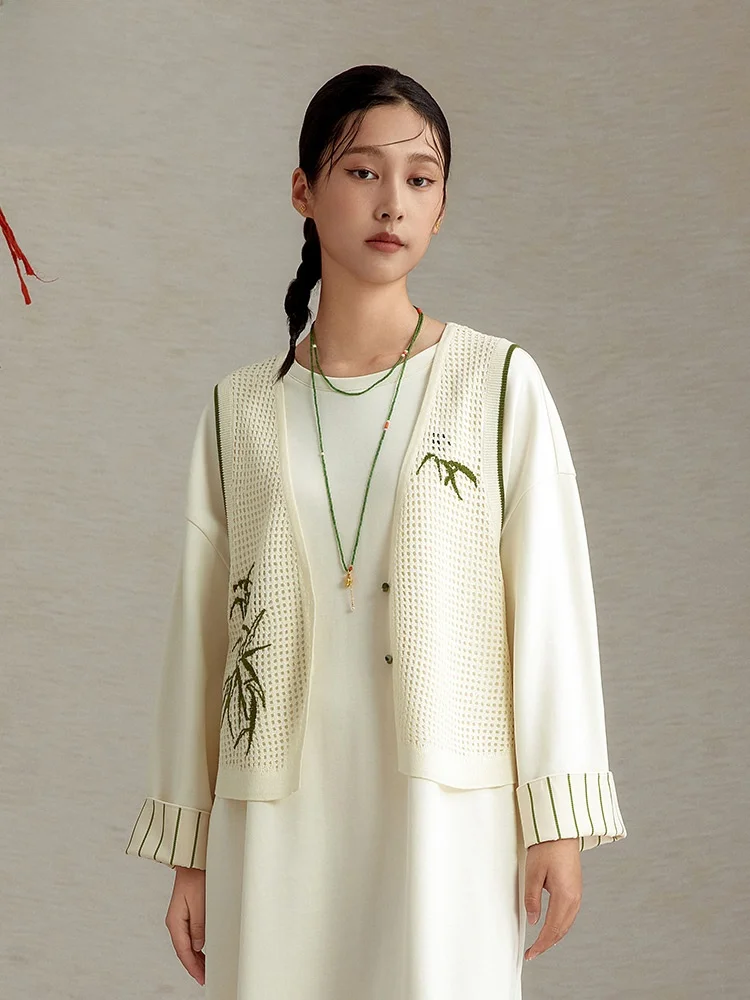 

V-Ne Bamboo Le Pattern Полый вязаный жилет с резьбой Дизайн Sensation Уникальный женский длинный открытый кардиган Faion