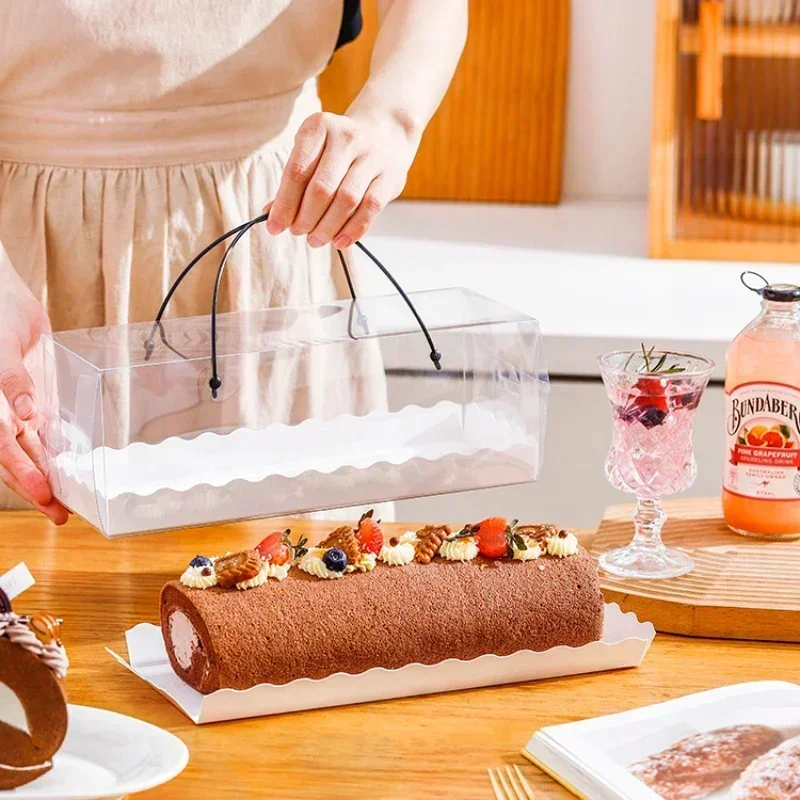 

Long Strip Clear Cake Box Food Grade Plastic Side Opening Handheld Box Baking Cake Roll Desserts Rectangle Portable Pack Boxes