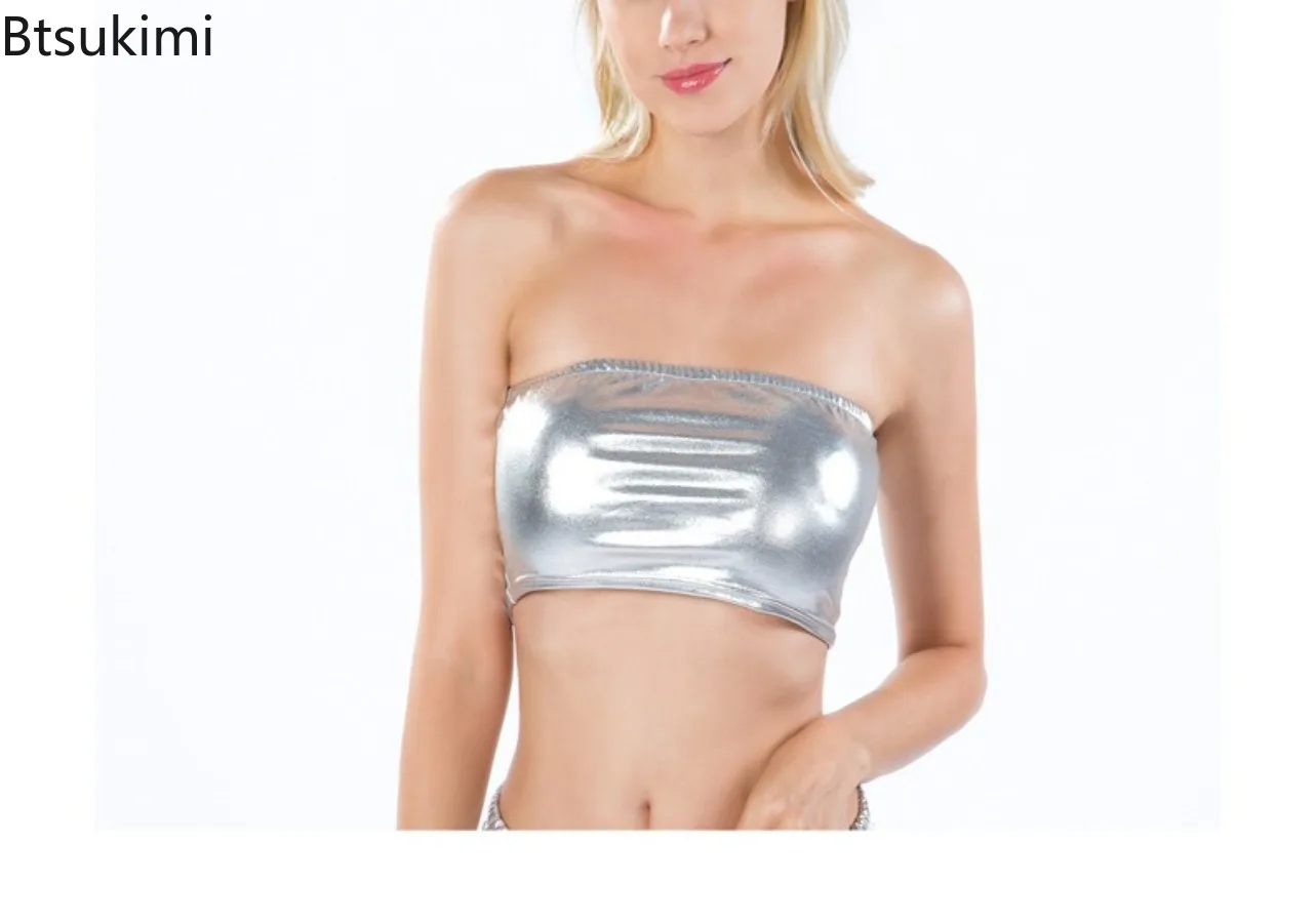New Women Wrap Seamless Tube Top Pu Leather Solid Color Tube Tops Retro Performance Seamless Crop Tops Sexy Tube Tops for Women