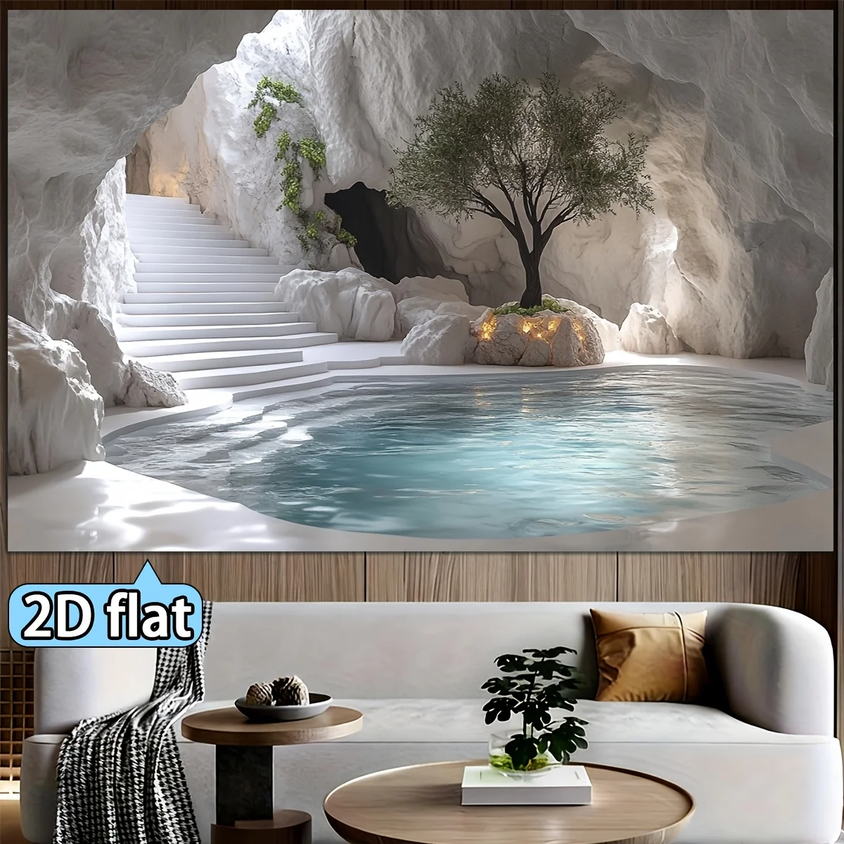 Luxury Waterproof Cave Grotto Wallpaper Mural Tropical Nature Wall Decor Bathroom Backdrop Steps Pool Tree Seamless Polyester Pr