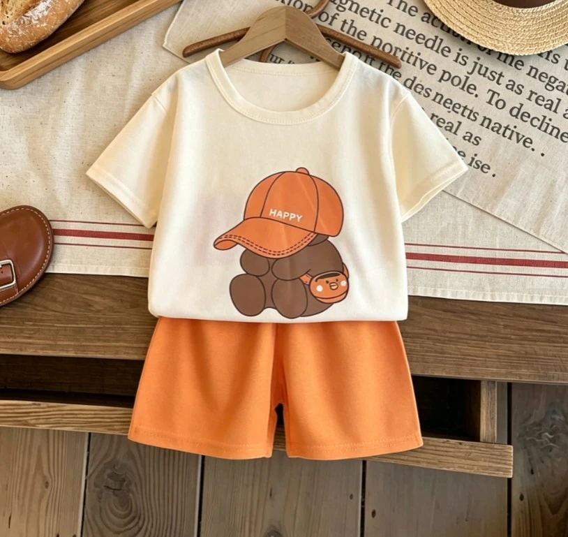 Little Kids Summer Casual Clothes Set Adorable Cartoon Bear With Cap Graphic Print Short Sleeve Top Baby Kid Tees Sets Baby Wear