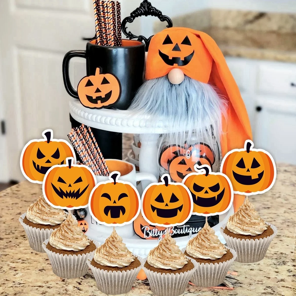 Topper per torte di Halloween da 18 pezzi Topper per Cupcake di zucca in cartone per decorazioni per torte per feste di Halloween dolcetto o