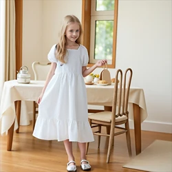 School Girls Dress Summer Casual Daily Embossed Dress 2026 Teenage Kids White Princess Dress Square Neck 4-14 Year Child Clothes