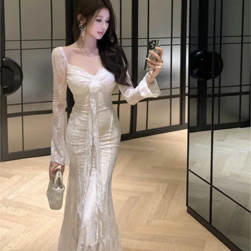 Elegant Bodycon Lace Midi Dresses for Women Square Collar Slim Waist Flare Collar Mermaid Evening Party Dress Prom Robe New