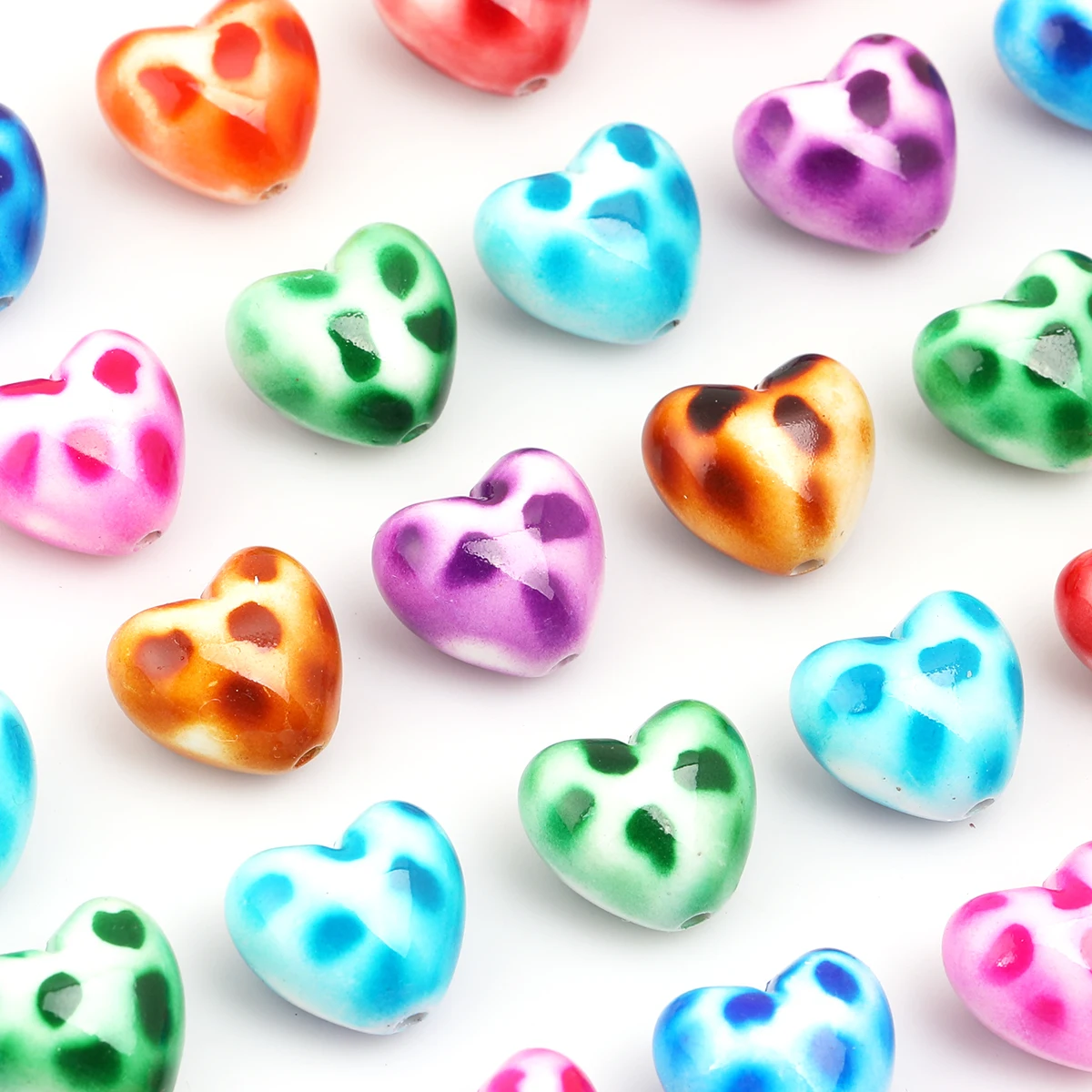 10pcs Random Color 21*19mm Print Heart Acrylic Beads, Puffed Shape Spacers for Handmade Bracelet Decor Pen Craft Supplies