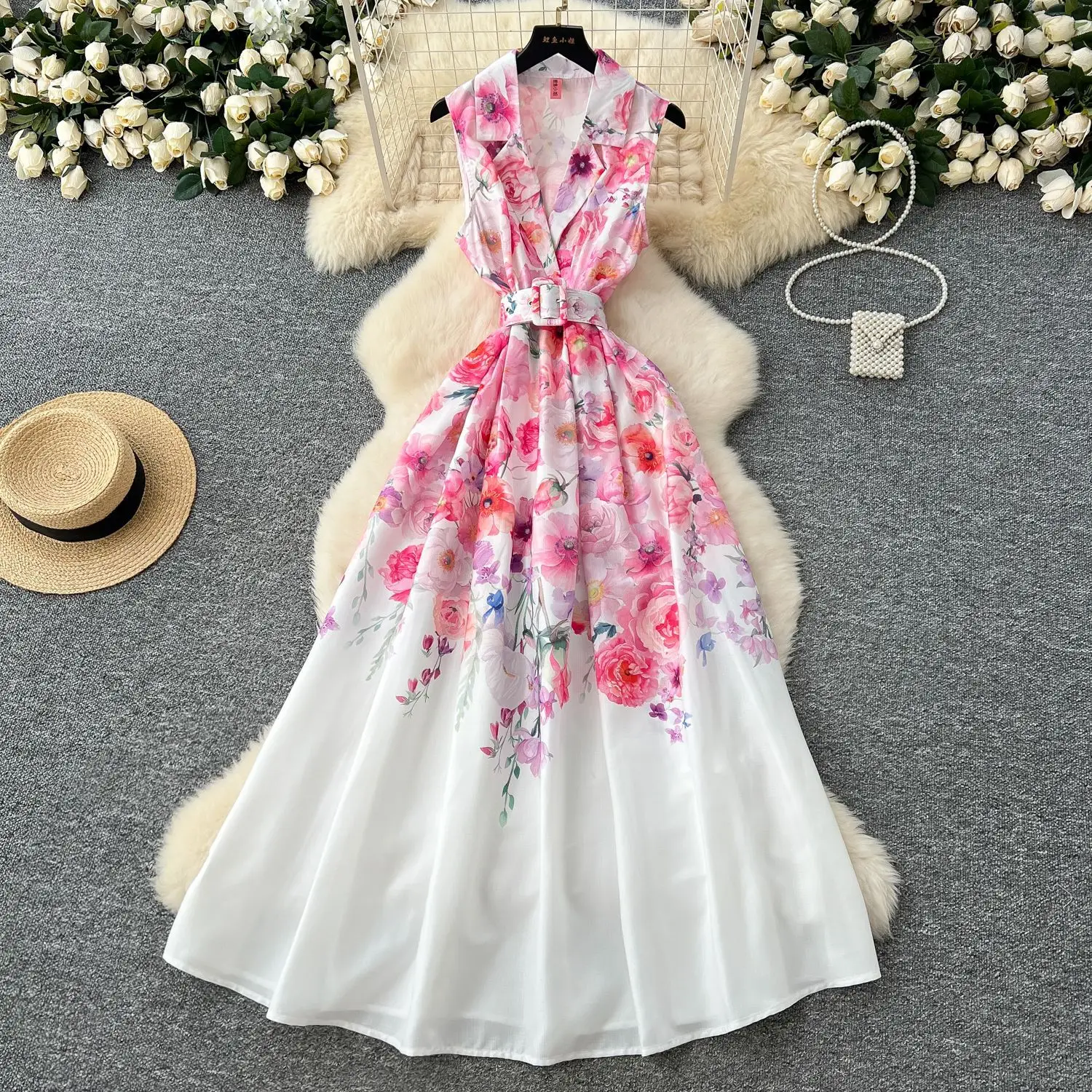 

Long Dress Women Dresses Print Floral A Line Vestidos Turn Down Collar Sleeveless Elegant Splice Y2k Streetwear High Waist Belt