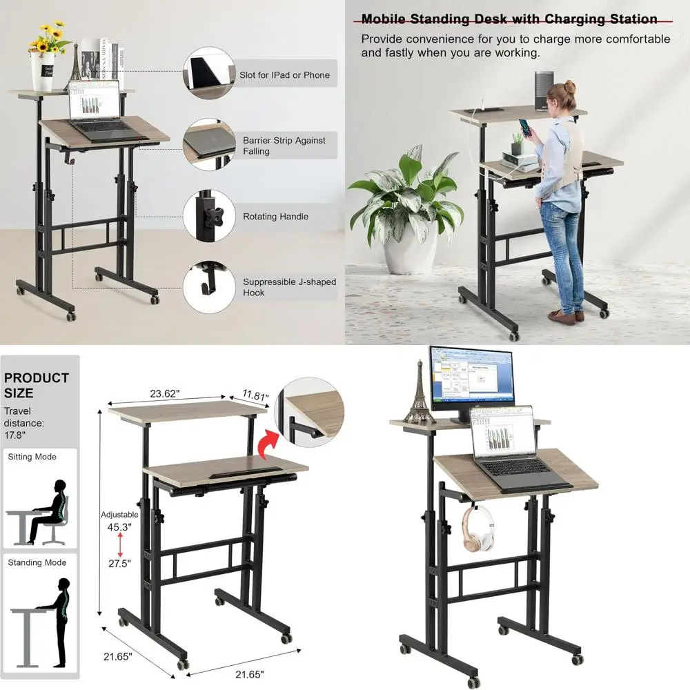 

Мобильный стоячий стол с зарядной станцией, регулируемый стоячий компьютерный стол, стоячая регулируемая тележка для ноутбука с колесами для H
