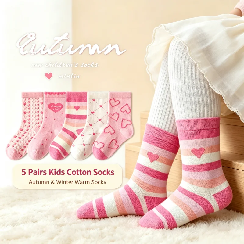 5 Pairs Cotton Socks Baby Socks Pink Socks Kids Cartoon Pattern Socks Spring Autumn Girls Socks