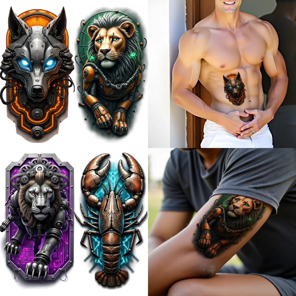 3pcs Temporary Tattoo Wolf Head Waterproof Long-lasting Body Stickers Lion Tree Realistic Temporary Tattoos Robotic Bird For
