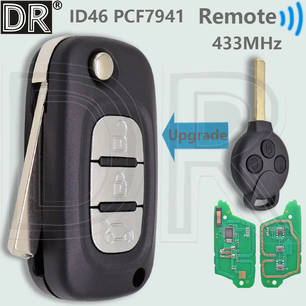 DR Modified ID46 PCF7941 433MHz VA2 Flip Car Remote Key For Mercedes Benz Smart Fortwo 451 2007 2008 2009 2010 2011 2012 2013