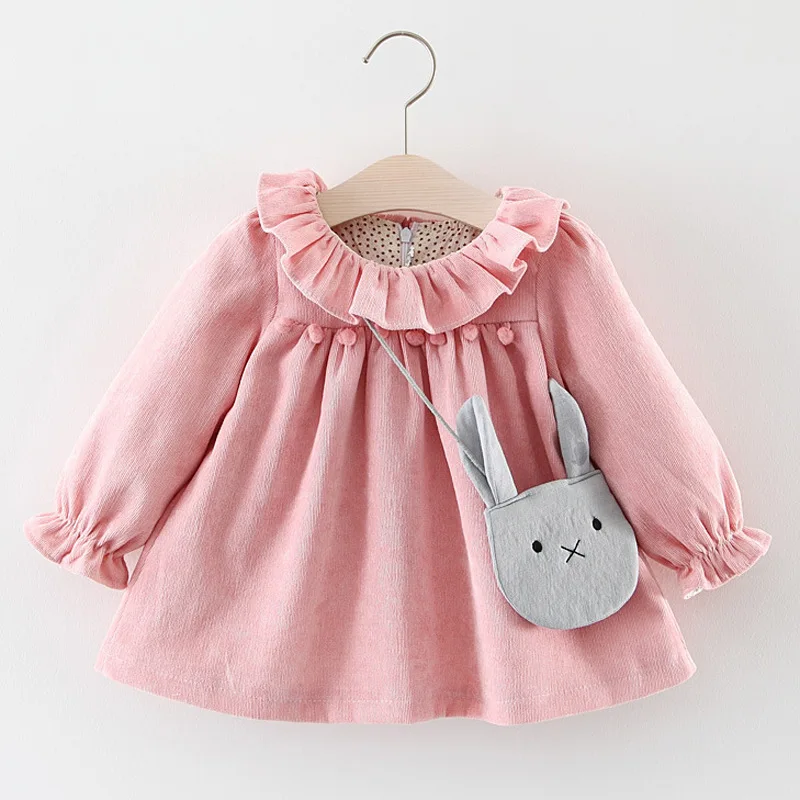 Baby Girl Clothes Children Casual Dress Toddler Solid Bow Long Sleeve Princess Dresses Outfit Infant Spring Dress with bag