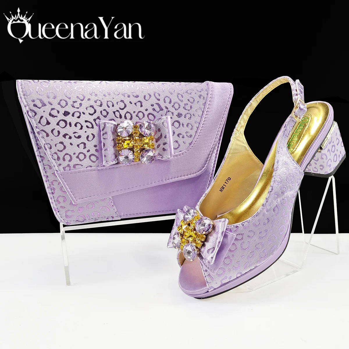 

Queena Yan Elegangt Mature Style Lilac Color Striped Design Peep Toe High Heel Lady Shoes and Bag Set for Party Wedding