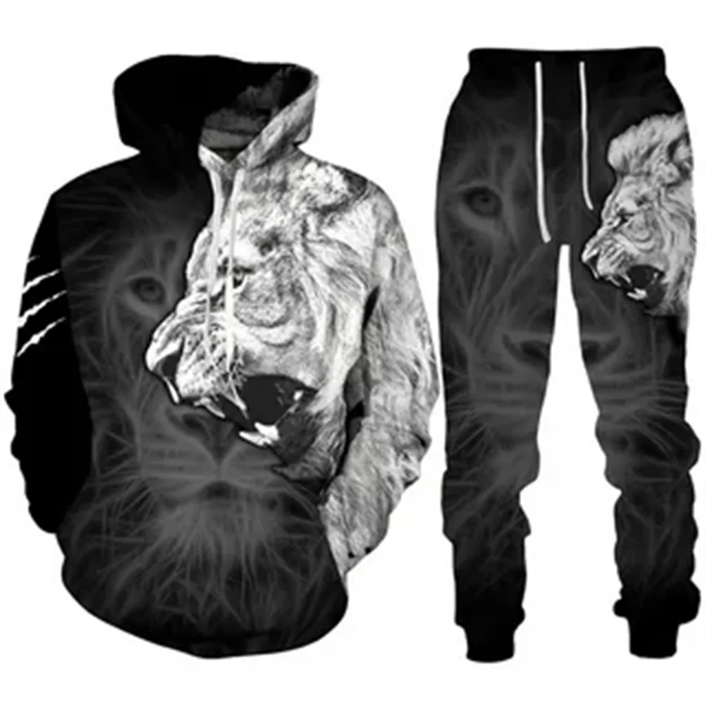 New Vintage Animal Dragon Lion Hoodie sets Men Tracksuit Y2k 3D Printed Casual Sweatshirt pants Set Hip Hop Streetwear Clothing