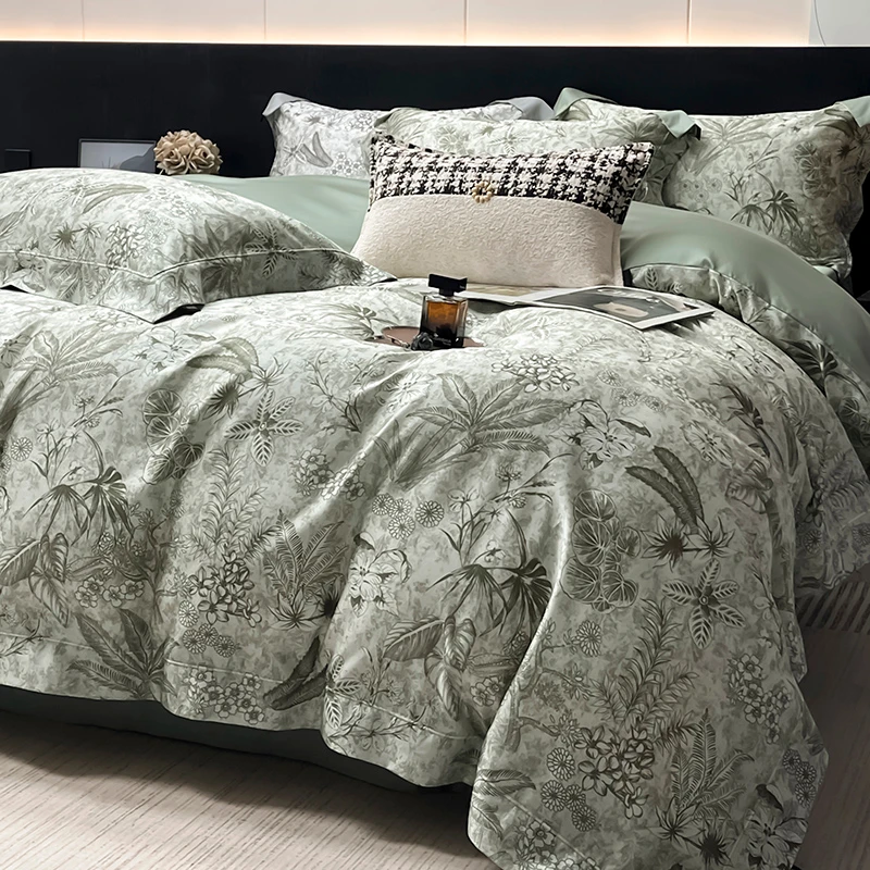 Lyocell Cotton Blend Bedding Set Botanical Perfect for Summer Leaves printed Soft Smooth Breathable Duvet cover Sheet Pillowcase