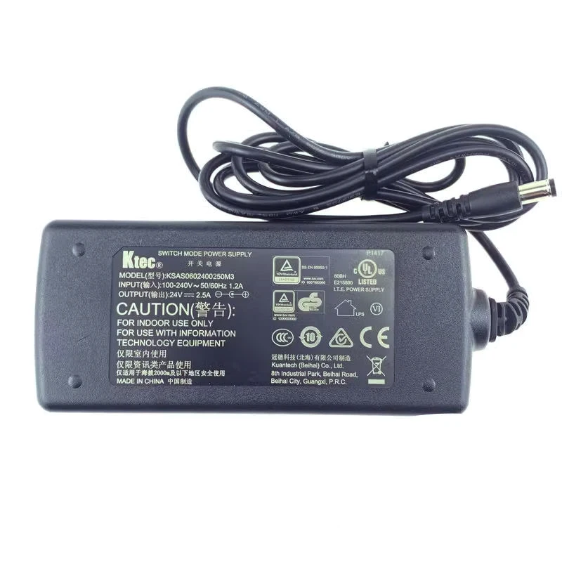 

For Ktec 24V 2.5A Switching Power Supply AC Adapter KSAS0602400250M3 Charger 5.5*2.5mm Tip