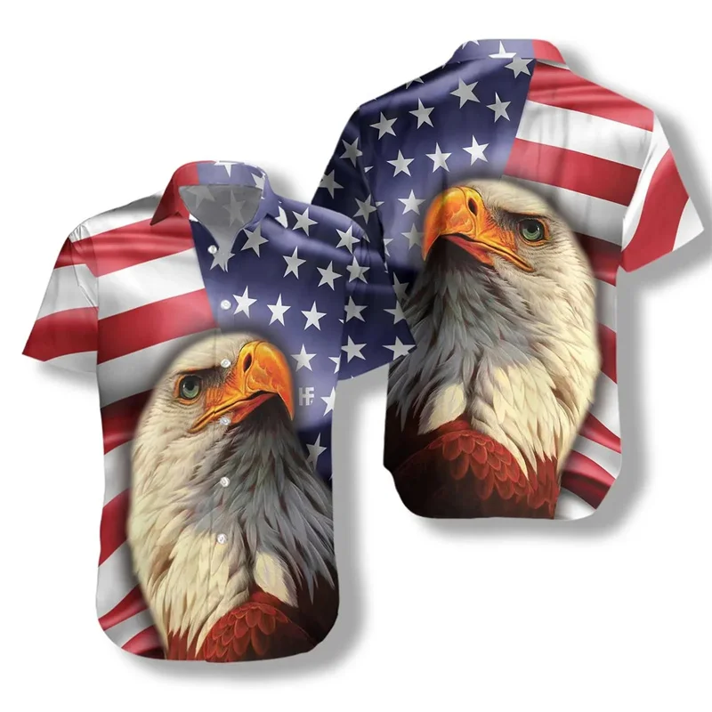 Men's Casual Beach Shirts American Eagle USA Flag 3d Printed Shirts Fashion Lapel Short Sleeve Blouses Mens Clothing Veteran Top