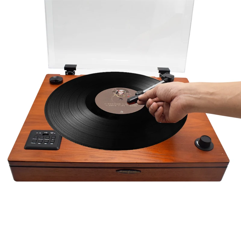 Newest Retro Vinyl Record Player with Three Stereo Speakers and Transparent Dust Cover