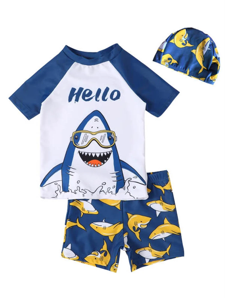 Kids Swimsuit Boy Swimming 2024 New Shark Pattern Short Sleeves Children Swimwear Summer Two Piece Shorts Beachwear Bathing Suit