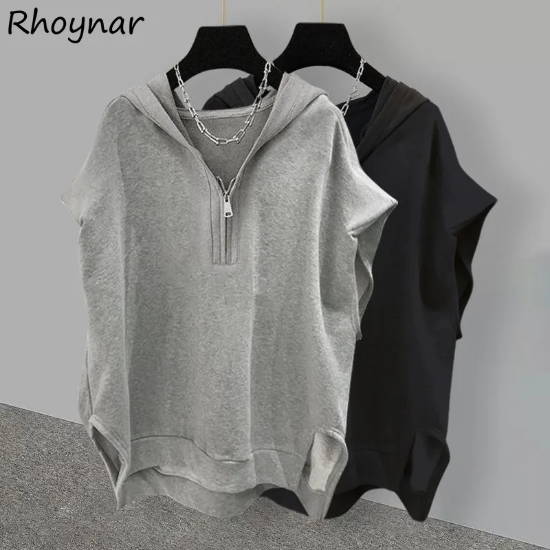 

Sleeveless Hoodies Women Korean Style Solid Simple All-match Leisure Zippers Side-slit Trendy College Couples Unisex Autumn Cozy