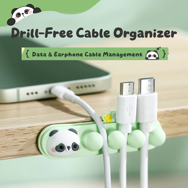 Organizer na kable w kształcie pandy z kreskówki: Samoprzylepny organizer na kable do ładowania telefonu.