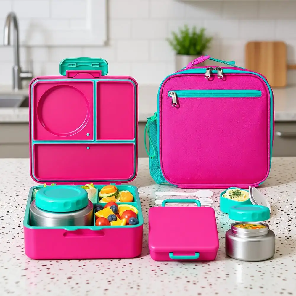 

Bento Lunch Box Set with 8oz Insulated Food Jar, Lunch Bag & Sauce Cup, Leakproof Dishwasher Safe Toddler Lunch Food Container w