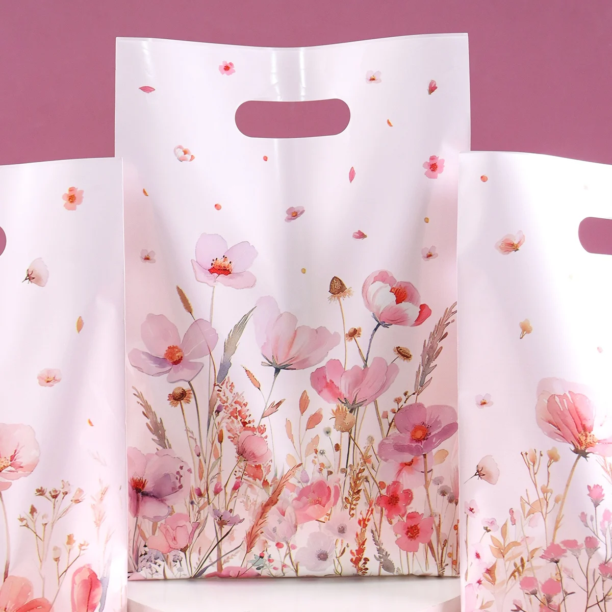 10/20/50 Stück rosa Blumen-Geschenktüten aus Kunststoff mit gemischtem Blumenmuster für Frühling, Sommer, Feiertage, Geburtstagsfeiern, Dekorationen – Detail 5