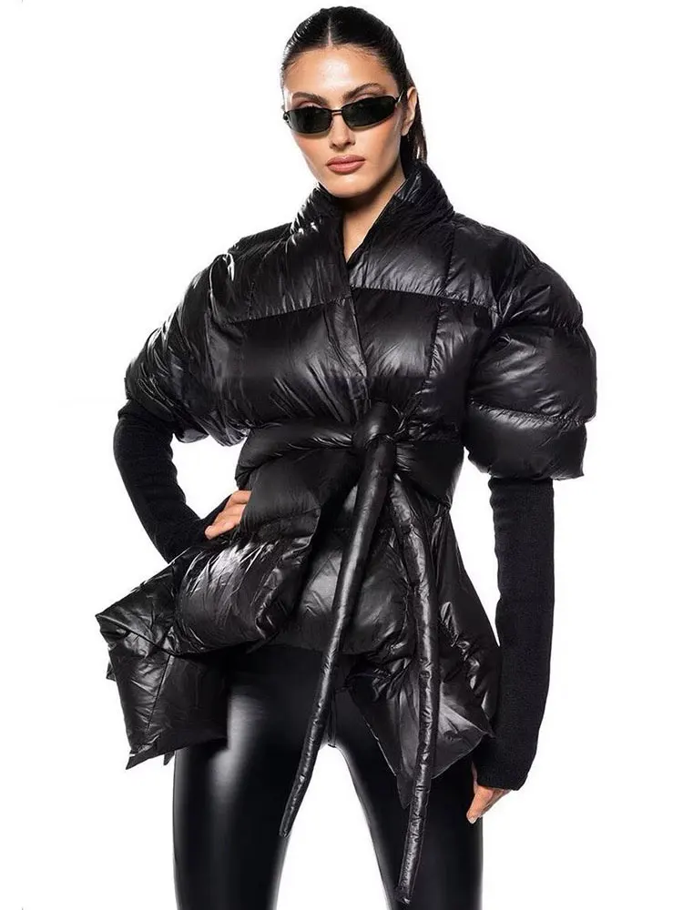 

GACVGA Belt Long Sleeve Women's Cotton Jacket Slim Fit Design Winter Thickened Outerwear Fashion Elegant Women Bubble Coat