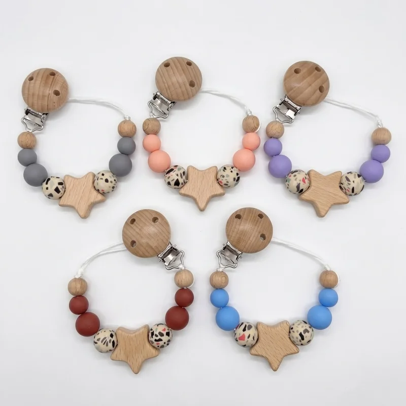 2026 Custom Engraved Name Baby Pacifier Clip Personalized Font Wood Silicone Bead Dummy Chain Teether Pendant Newborn Gift image 4