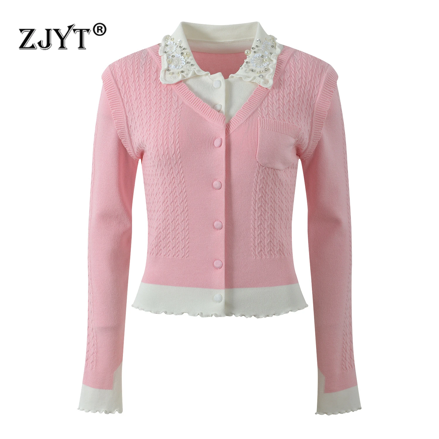 

ZJYT осенние новые женские милые розовые кардиганы, свитера с длинными рукавами и воротником из бисера, трикотажные изделия с цветными блоками, топы, женский трикотаж