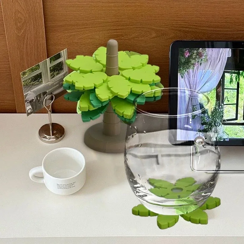 

6pcs Foldable Rubber Mat Dishes Tree Design Trivet Set Coaster for Teapot Hot Pots Stand Insulation Pad Placemats Dining Table