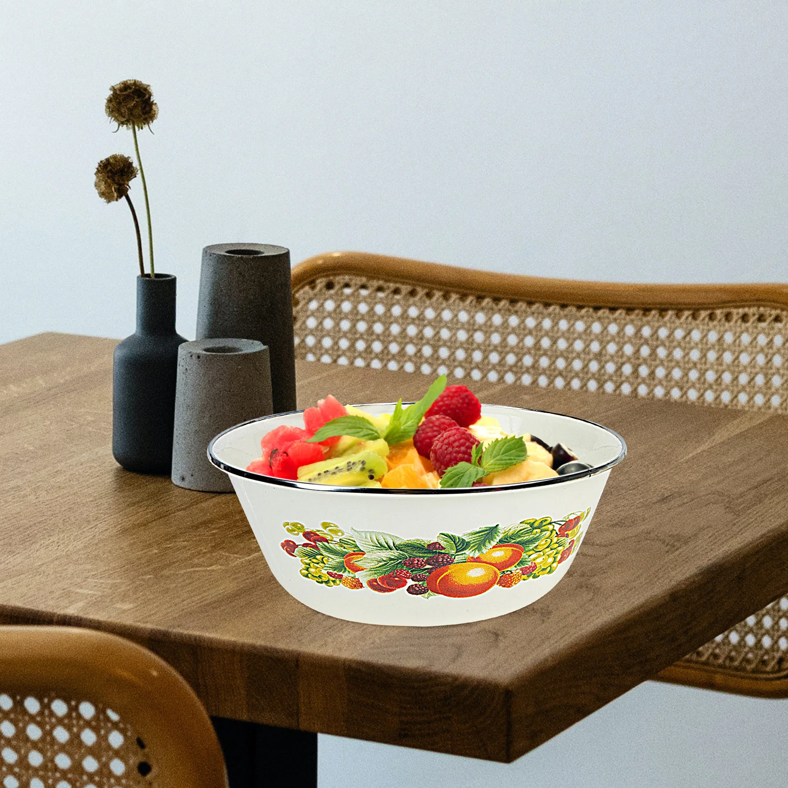 

2Sets Enamel Soup Bowls Retro Design Smooth Edges Practical Salad Noodle Storage Containers Enamel Soup Bowls with Lids