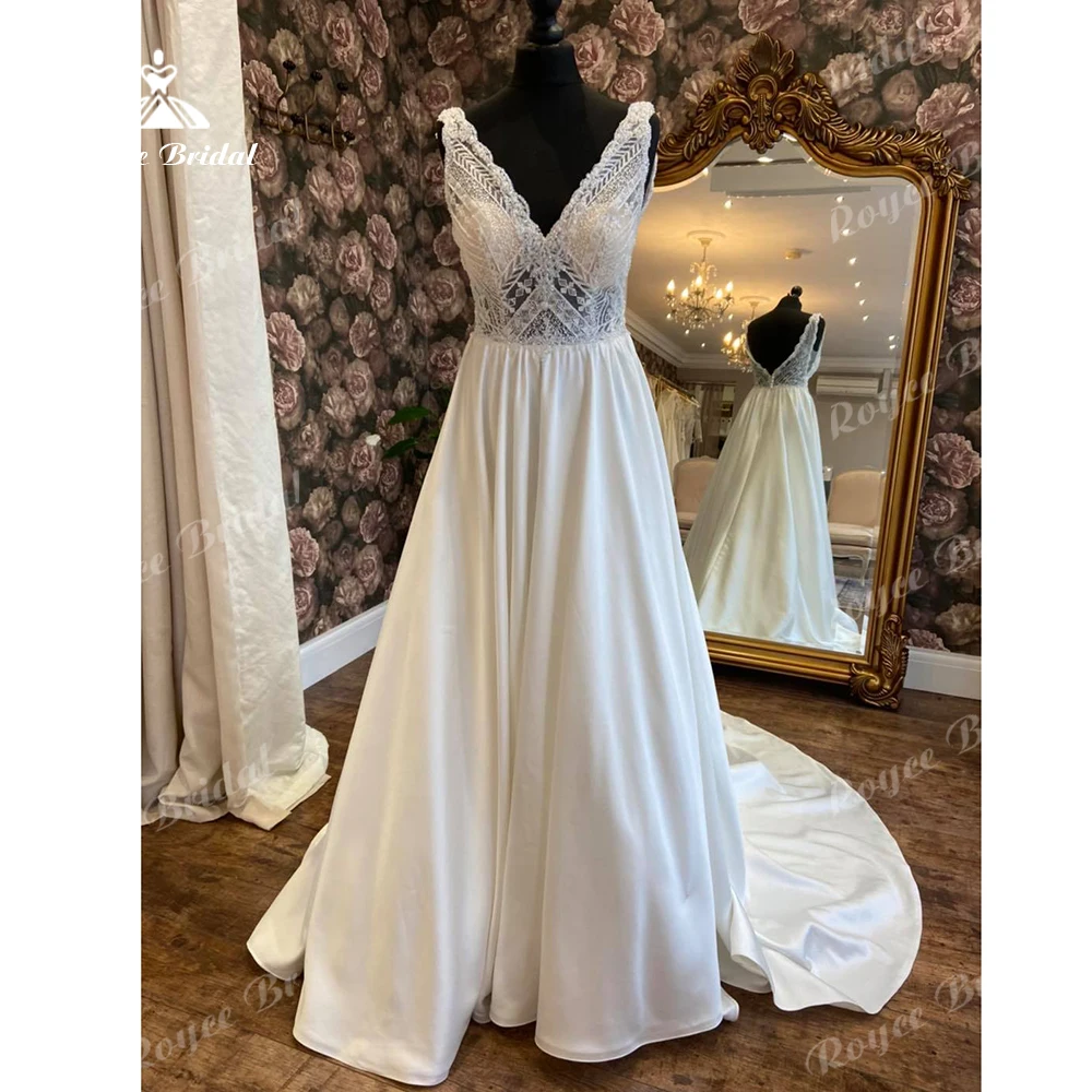 

Roycebridal V Neck Lace Bodice Satin Beach Backless A Line Wedding Dress Boho Sweep Train 2024 Wedding Gown robe de mariée