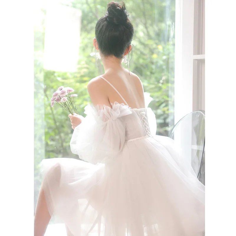 Białe Krótkie Suknie Ślubne Bez Ramiączek Trapezowe Suknie Ślubne Bufiaste Rękawy Suknie na Bal Suknie Formalne Eleganckie Sukienki Wieczorowe Damskie