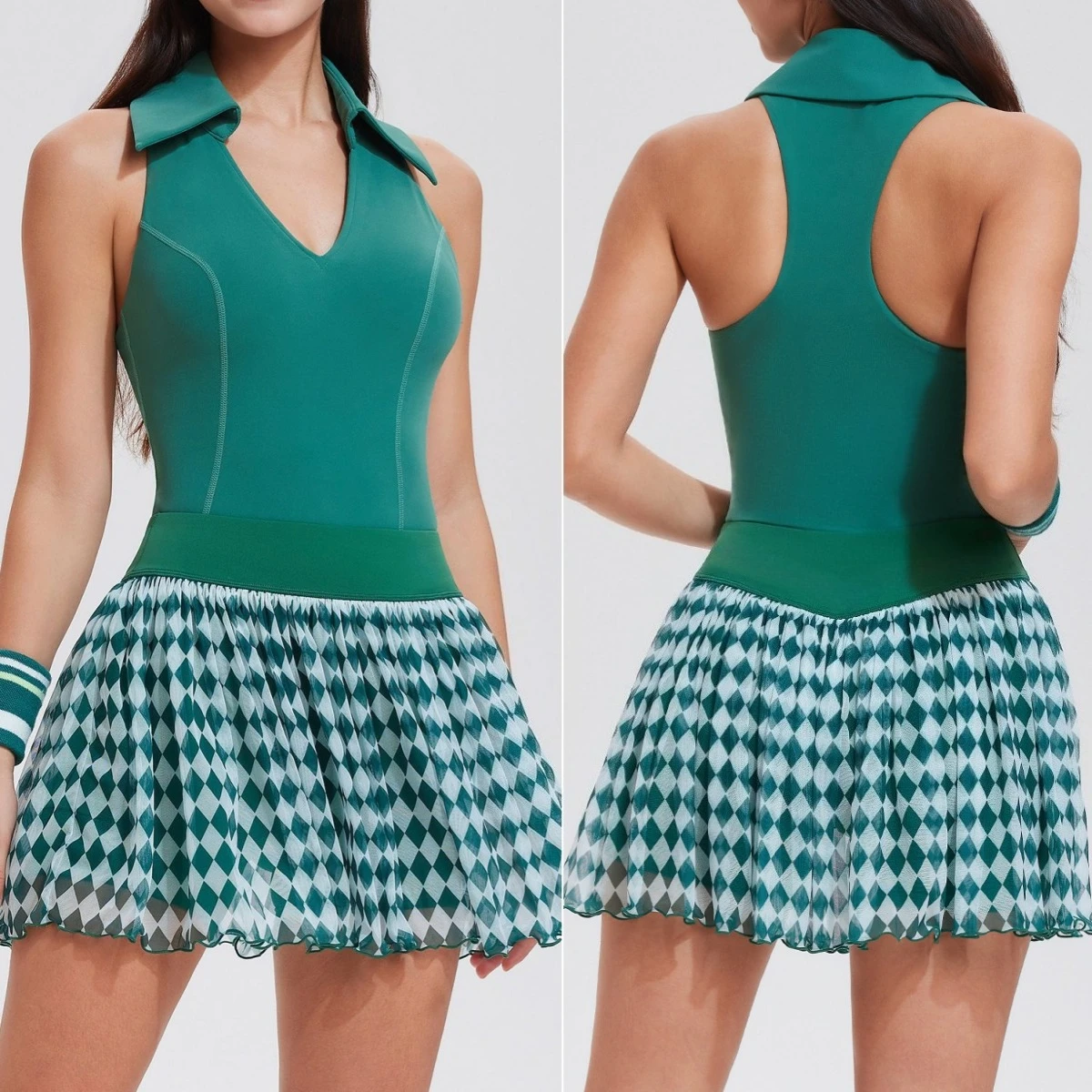 Women 2 Piece Tennis Outfit Set Sleeveless Tank Top with Argyle Print Mesh Tennis Skirt Athletic Skort Sportswear for Golf Yoga