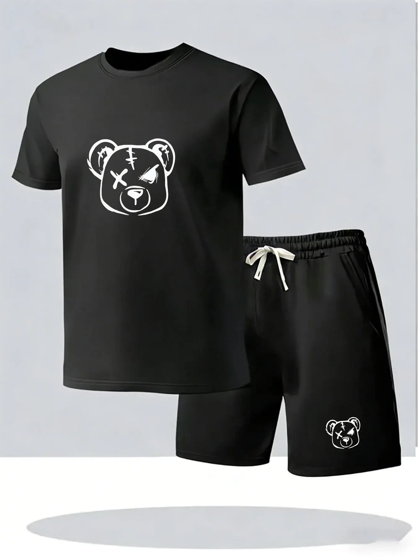 

Fashion Men Bear Pattern Printed T-shirt Drawstring Sports Shorts Two Pieces Set Casual Outdoor Training Tracksuit