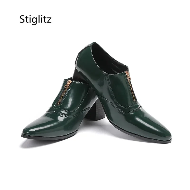 

Army Green High Heels Leather Shoes for Men Retro Pointed Toe Slip On Loafers Autumn Zip Men's Shoes Party Runway Dress Shoes