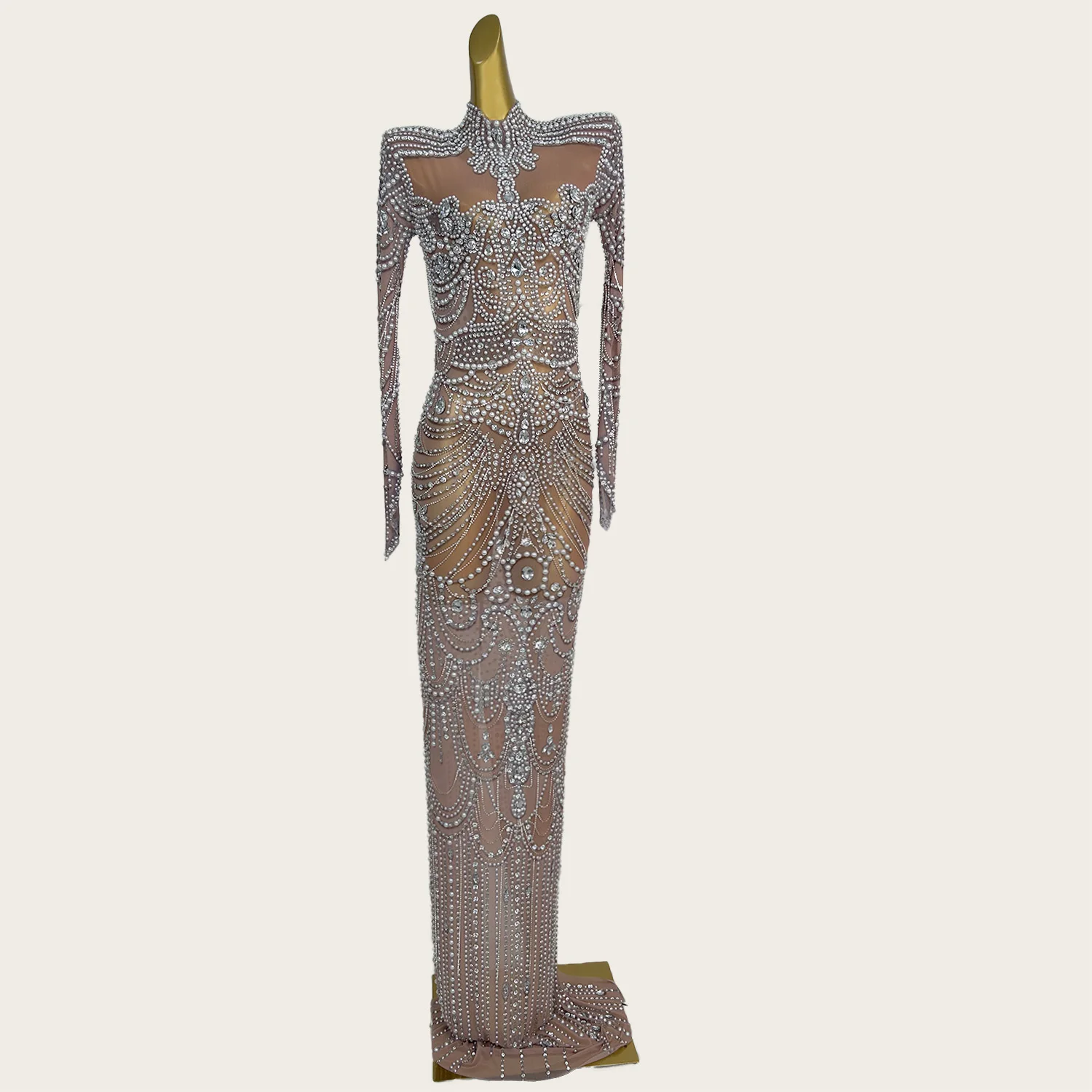 

Party Sparkly Pearls Luxury Bodycon Long Dress Elegant Graduation Dress High-end See Through Mesh Prom Red Carpet Gown Nianlun