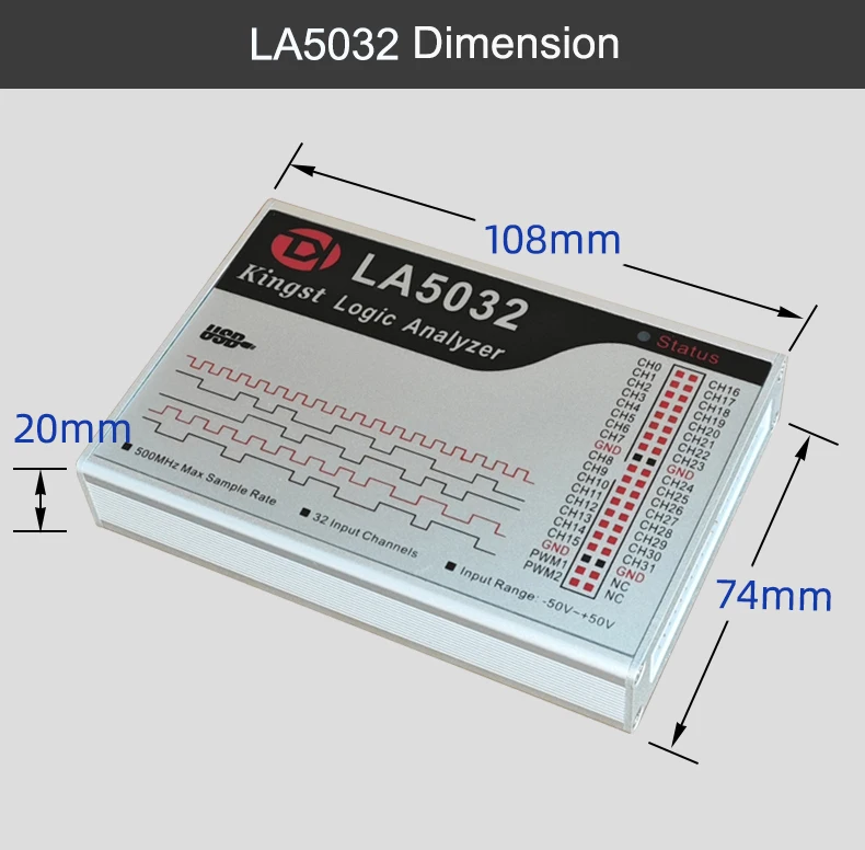 محلل منطق USB Kingst LA5032 500 متر بحد أقصى لمعدل العينة ، 32 قناة ، 10B عينات ، MCU ، ARM ، FPGA أداة تصحيح الأخطاء ، برامج إنجليزية