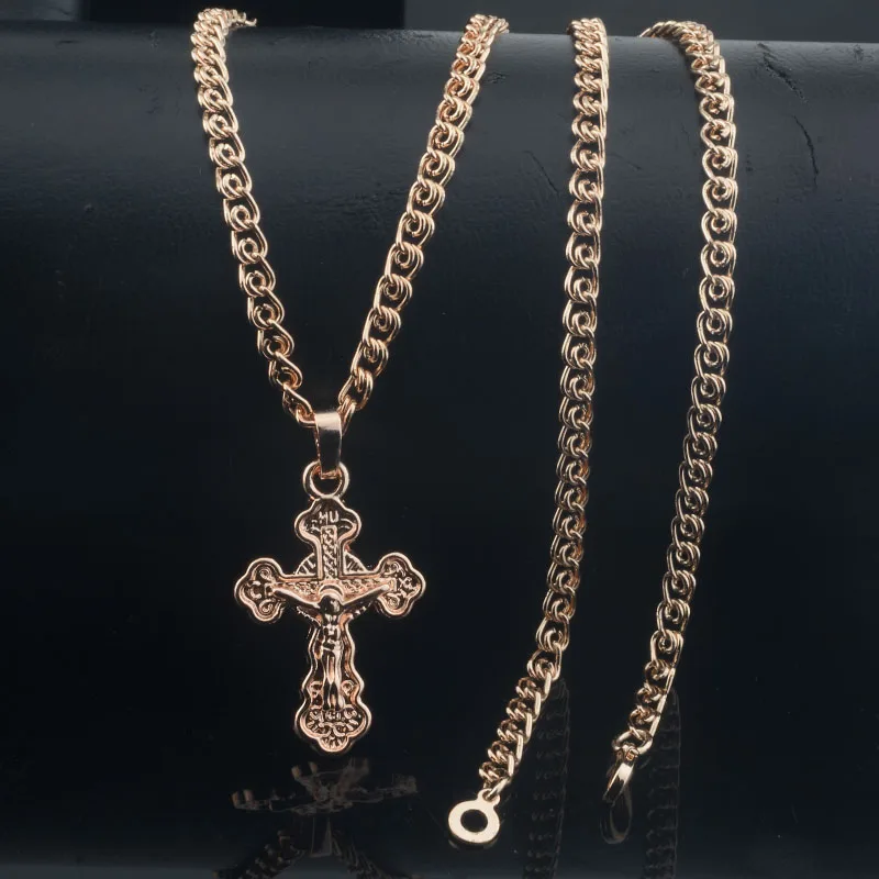 Fashion Jewelry Men Women 585 Rose Gold Color Smart Cross Pendant Link 50cm Necklace Chains